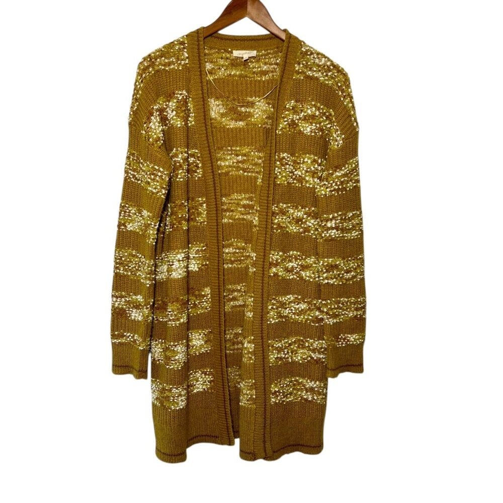 Mystree Mustard Yellow Textured Stripe Open Front Longline Cardigan Sweater M